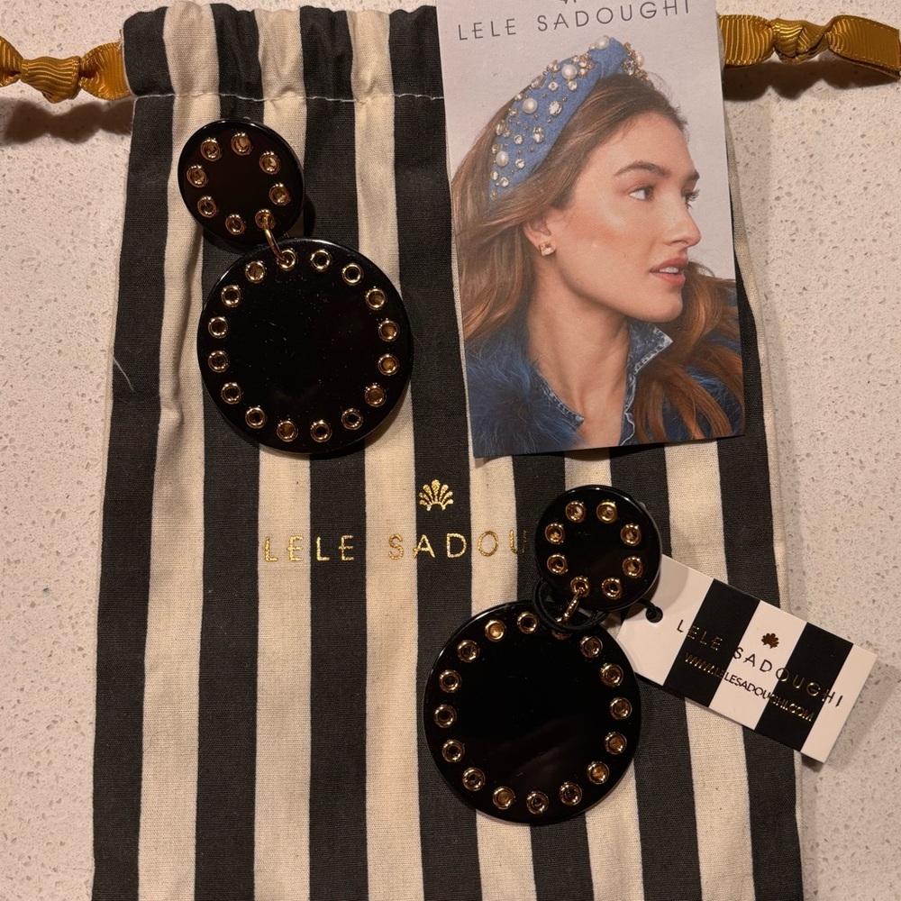 NWT Lele Sadoughi Black Acetate & Gold Stud Corset Drop Earrings